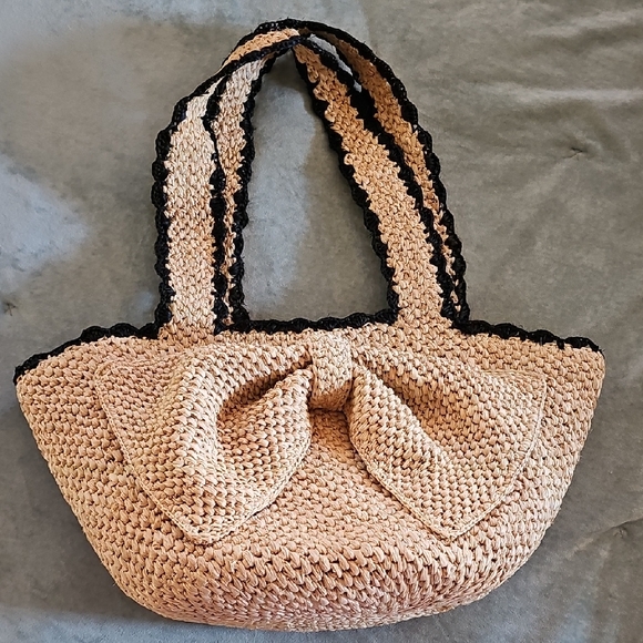 kate spade Handbags - Kate Spade Tan Woven Shoulder Bag with Black Trim